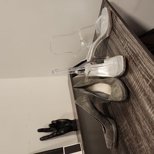 2 pairs of shoes, Grey me too pump and lucite Michaelangelo sandal